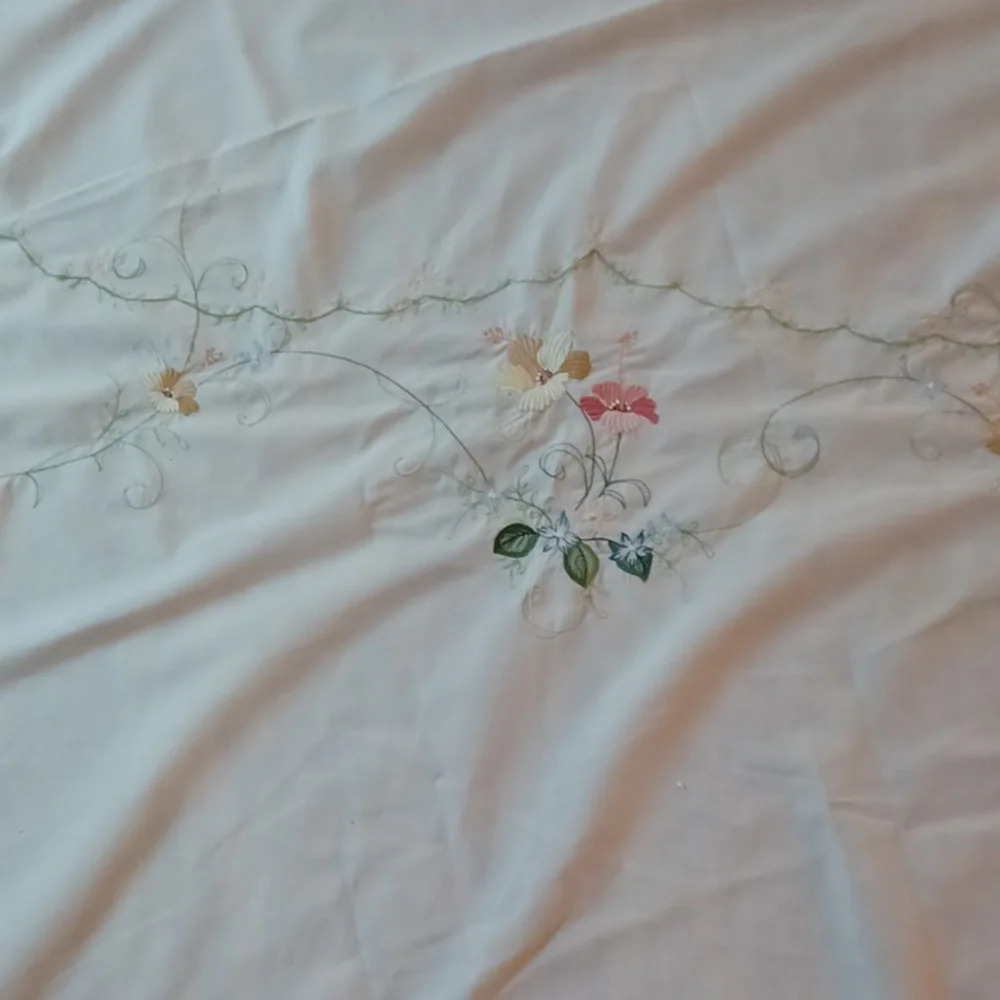 Vintage Needle Piont Floral Embroidered Tablecloth - Oval 64Wx78 L